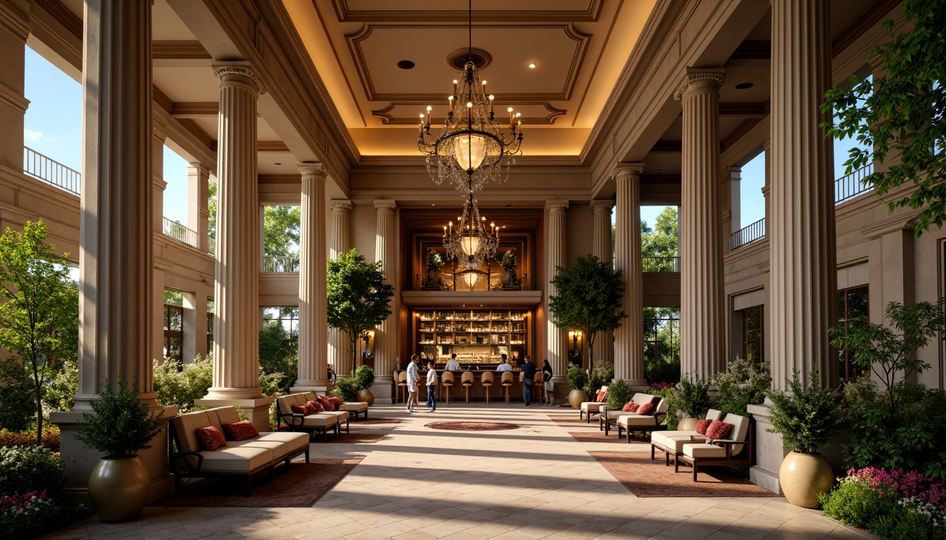 Prompt: Majestic neoclassical bar, ornate facade, grand entrance, Corinthian columns, symmetrical architecture, lush greenery, vibrant flowers, natural stone walls, elegant fountains, serene water features, rustic wooden accents, warm golden lighting, shallow depth of field, 3/4 composition, panoramic view, realistic textures, ambient occlusion, majestic chandeliers, rich velvet fabrics, intricate moldings, refined metalwork, sophisticated color palette.