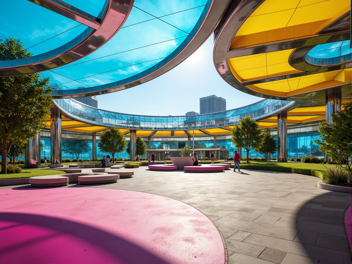 Prompt: Vibrant pavilion, futuristic architecture, curved lines, translucent canopies, gleaming metal accents, bold color scheme, neon lights, electric blue, hot pink, sunshine yellow, lime green, iridescent fabrics, shimmering textiles, abstract patterns, geometric shapes, modern minimalist design, open airy atmosphere, natural light filtering, warm sunny day, high contrast lighting, dramatic shadows, 1/1 composition.