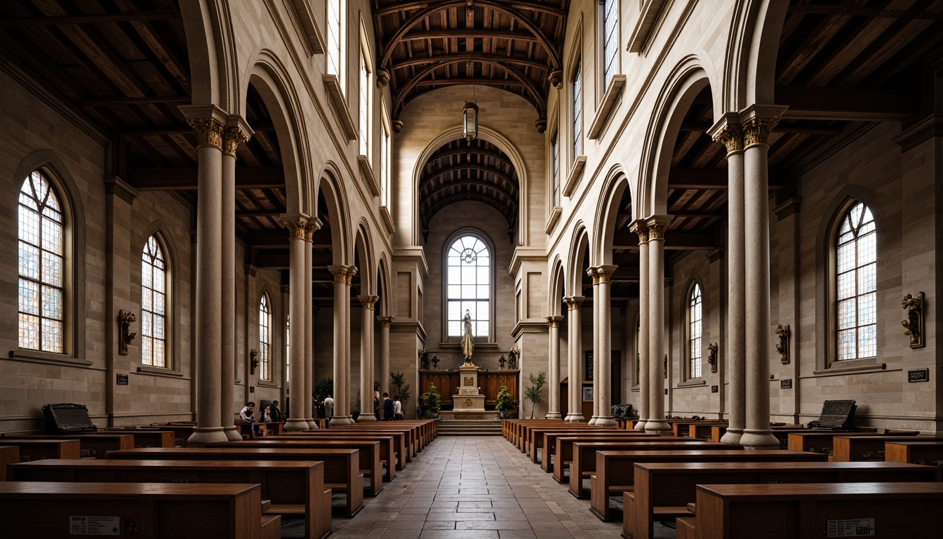 Prompt: Grandiose cathedral, ornate columns, intricately carved capitals, rustic stone walls, vaulted ceilings, stained glass windows, majestic archways, symmetrical facade, classical proportions, golden ornaments, ornamental statues, subtle chiaroscuro, warm soft lighting, shallow depth of field, 1/2 composition, realistic textures, ambient occlusion.