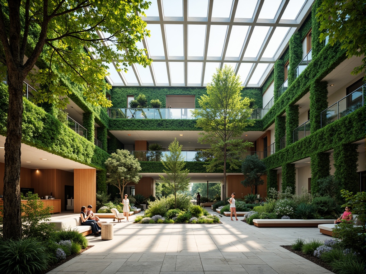 Prompt: Vibrant atrium, lush green walls, natural stone floors, abundant skylights, clerestory windows, open-plan layout, minimalist interior design, warm wood accents, comfortable seating areas, soft diffused lighting, morning sunlight, gentle shadows, 1/1 composition, symmetrical framing, subtle color palette, ambient atmosphere, realistic materials.