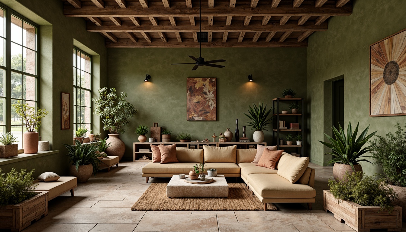 Prompt: Earthy tones, olive green walls, natural stone floors, reclaimed wood accents, industrial metal beams, lush greenery, vintage decor, warm beige furniture, earthy terracotta pottery, moss-covered planters, rustic wooden crates, distressed leather upholstery, soft warm lighting, shallow depth of field, 3/4 composition, panoramic view, realistic textures, ambient occlusion.