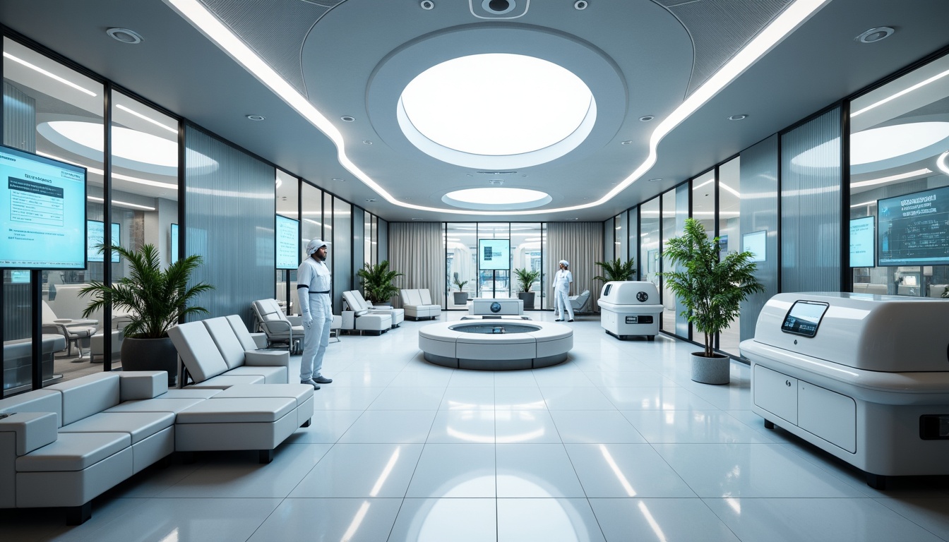 Prompt: Futuristic hospital interior, sleek metallic surfaces, LED lighting systems, minimalist decor, advanced medical equipment, automated robots, sterile white floors, curved glass walls, futuristic nurse stations, holographic patient records, virtual reality therapy rooms, calming ambient colors, soft indirect lighting, shallow depth of field, 1/1 composition, realistic reflections, ambient occlusion, modern furniture designs, ergonomic seating areas, integrated technology interfaces, circular waiting area layouts, natural plant installations, air purification systems.