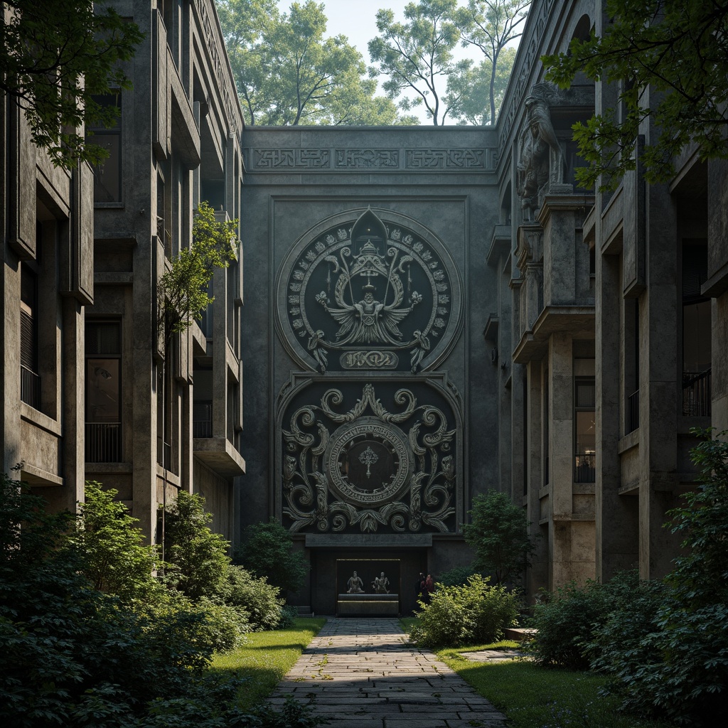 Prompt: Intricate stone carvings, ornate metalwork, imposing monumental structures, abstract figurative sculptures, richly textured surfaces, symbolic reliefs, mystical artifacts, ancient ruins, overgrown vegetation, mysterious atmospheric lighting, dramatic shadows, 3/4 composition, shallow depth of field, realistic textures, ambient occlusion.