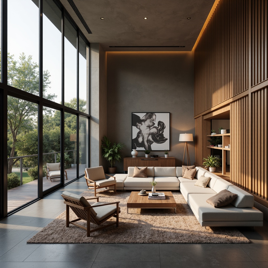 Prompt: Modern living room, sleek minimalism, neutral color palette, functional furniture, ergonomic design, ambient lighting, textured rugs, statement art pieces, floor-to-ceiling windows, natural materials, wooden accents, metallic tones, cozy reading nook, comfortable seating area, 1/1 composition, soft warm glow, shallow depth of field.