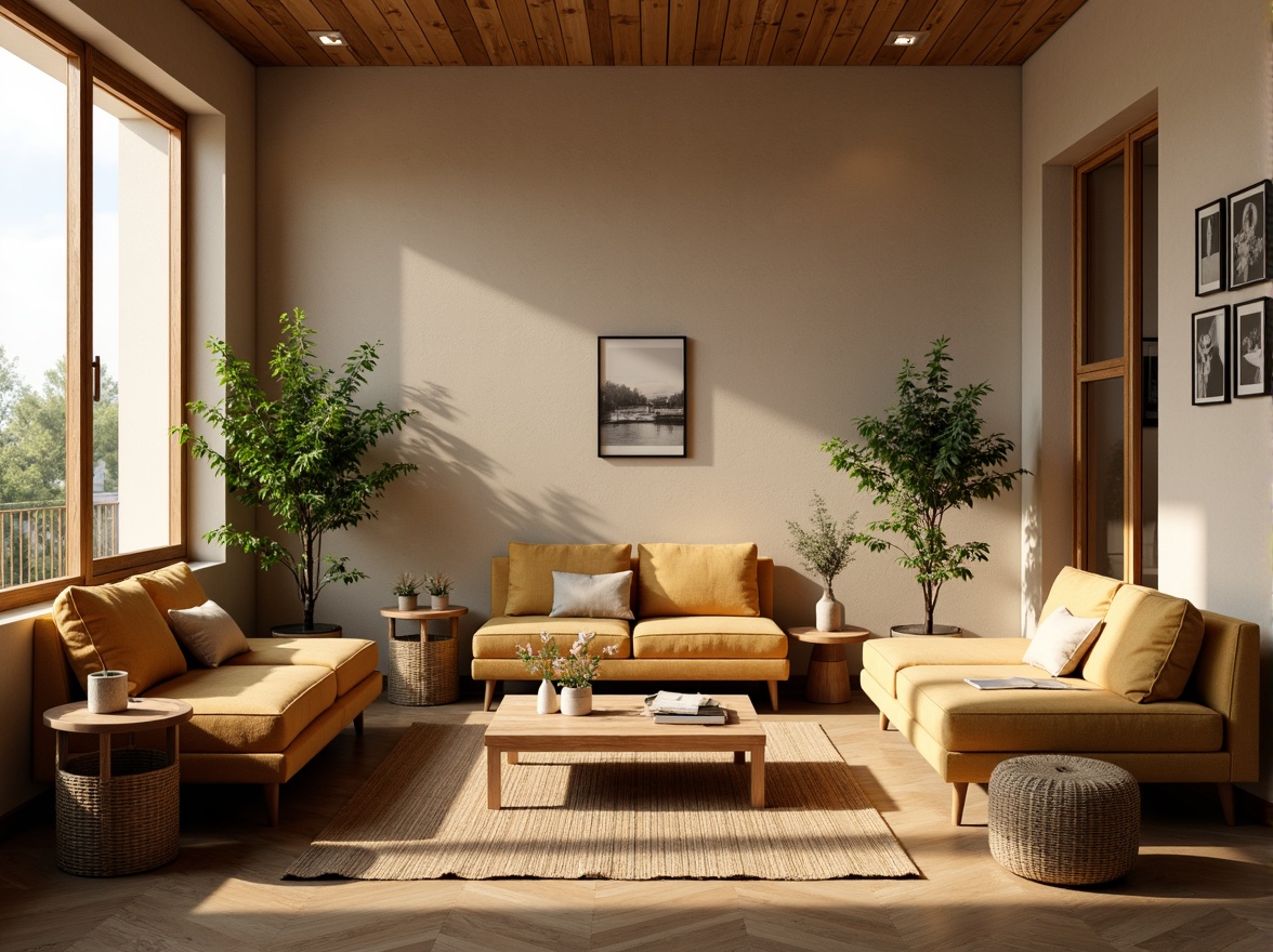 Prompt: Cozy living room, warm beige walls, plush velvet sofas, reclaimed wood coffee tables, natural fiber rugs, soft golden lighting, floor-to-ceiling windows, lush green plants, minimalist decor, modern artwork, comfortable reading nooks, ergonomic furniture, calming color palette, soothing ambiance, shallow depth of field, 1/2 composition, realistic textures, subtle shadows.