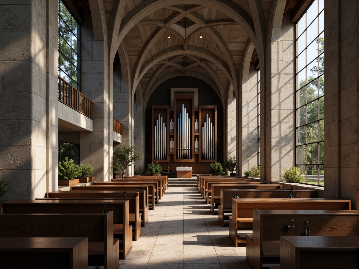 Prompt: Rugged brutalist church architecture, rough-hewn stone walls, raw concrete textures, dramatic natural lighting, stained glass windows, vaulted ceilings, minimalist interior design, industrial-style fixtures, worn wooden pews, grandiose pipe organs, soft warm glow, diffused sunlight, high contrast shadows, 1/1 composition, symmetrical framing, realistic materials, subtle ambient occlusion.