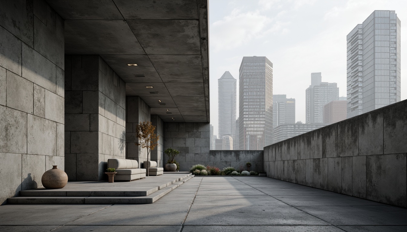 Prompt: Raw exposed concrete walls, brutalist architecture, rugged textures, industrial aesthetic, urban landscape, cityscape, modern skyscrapers, minimalist decor, cold tone lighting, dramatic shadows, 1/1 composition, high contrast ratio, realistic render, ambient occlusion.