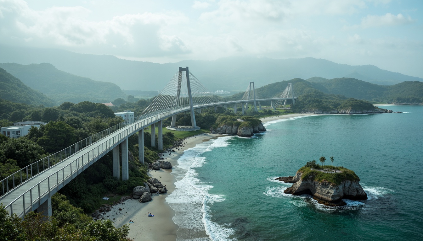 Prompt: Curved coastal bridges, undulating blob-shaped structures, iridescent blue-green waters, oceanic waves, sandy shores, weathered wooden piers, steel cable suspensions, cantilevered walkways, glass railings, nautical-themed lighting, misty atmospheric effects, shallow depth of field, 1/2 composition, symmetrical framing, cinematic wide-angle views, realistic reflections, ambient occlusion.