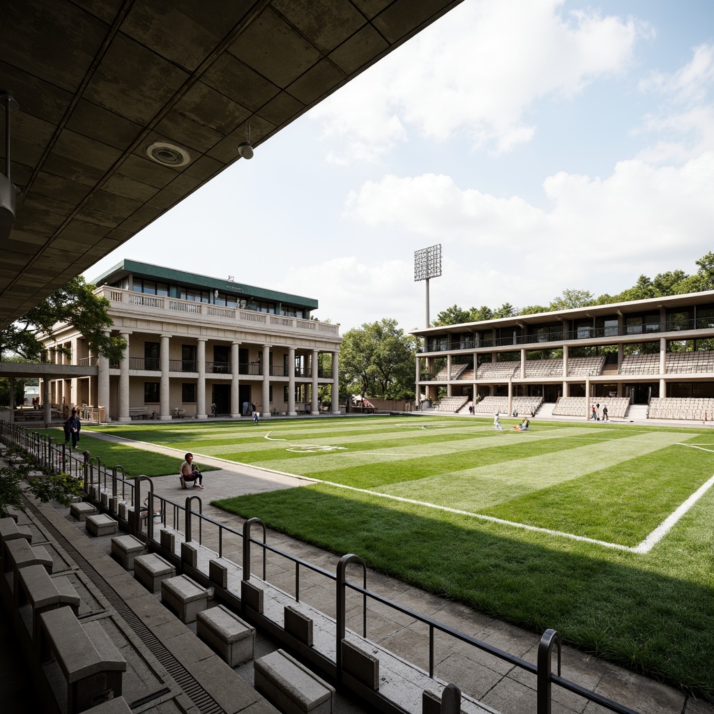 Prompt: Grandstand seating, vintage scoreboard, lush green grass, athletic tracks, tennis courts, basketball hoops, soccer goals, classic columns, ornate facades, neutral color palette, symmetrical composition, natural stone textures, elegant arches, subtle lighting, shallow depth of field, 1/2 composition, realistic shadows, ambient occlusion.