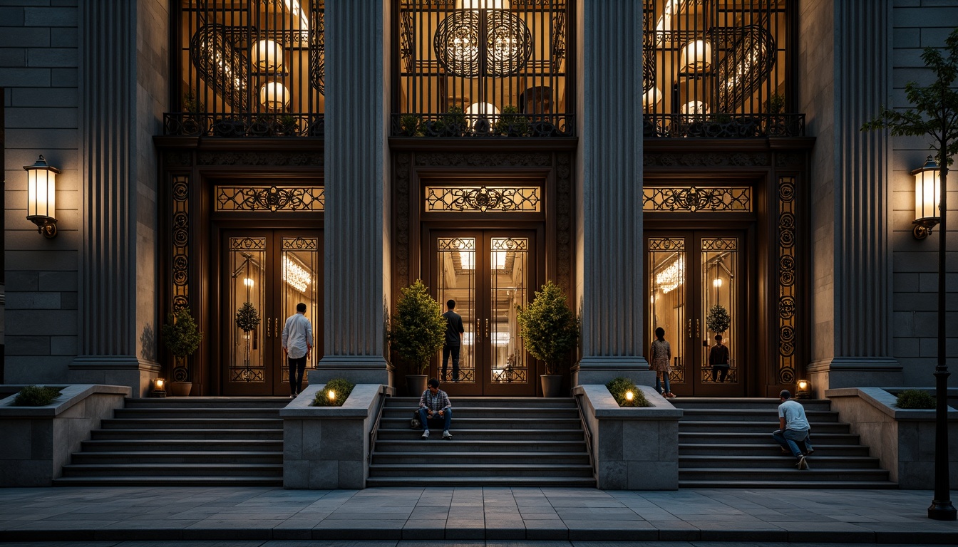 Prompt: Monumental bank building, grandiose entrance, ornate metal gates, symmetrical facade, geometric patterns, rectangular columns, imposing stone walls, bronze door handles, intricately carved ornaments, imposing clock tower, narrow vertical windows, deep recessed arches, rusticated base, monumental staircase, high-contrast lighting, dramatic shadows, 1/1 composition, low-angle view, cinematic atmosphere.