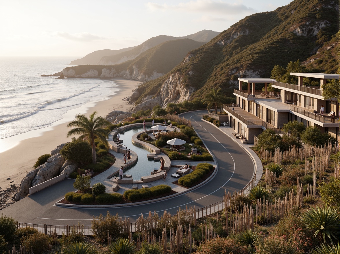 Prompt: Winding coastal roads, rugged cliffside, sandy beaches, driftwood fences, oceanfront promenade, modern coastal architecture, large glass windows, sliding doors, minimalist interior design, natural textures, reclaimed wood accents, nautical-themed decor, ambient ocean sounds, warm soft lighting, shallow depth of field, 3/4 composition, panoramic view, realistic reflections, subtle color palette, seaside resort atmosphere.