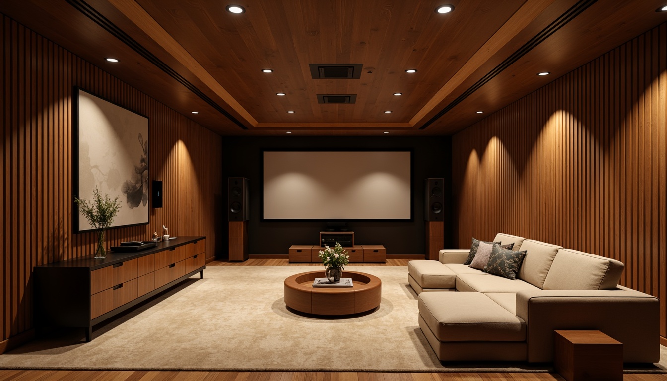 Prompt: Luxurious home theater, soundproofing materials, acoustic panels, reverberation control, optimal speaker placement, high-fidelity audio equipment, rich wood flooring, plush carpeting, sound-absorbing furniture, minimalist decor, dimmable lighting, intimate seating arrangement, 1/1 composition, soft focus, warm color palette, cozy atmosphere.