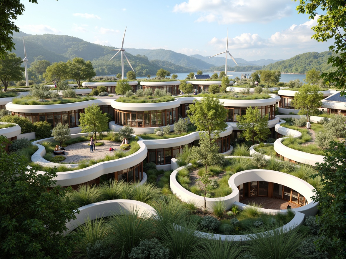 Prompt: Eco-friendly buildings, green roofs, solar panels, wind turbines, water conservation systems, sustainable materials, minimalist design, natural ventilation, optimized energy consumption, recycled materials, low-carbon footprint, modern architecture, curved lines, vibrant colors, ambient lighting, shallow depth of field, 3/4 composition, panoramic view, realistic textures.