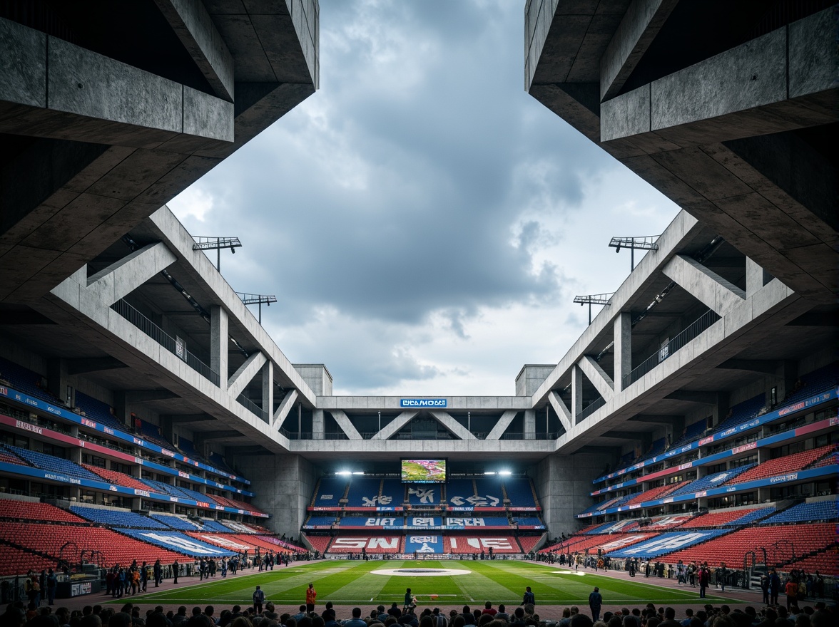 Prompt: Rugged football stadium, brutalist architecture, exposed concrete structures, angular lines, raw industrial materials, reinforced steel beams, cantilevered roofs, monumental scale, dramatic shadows, intense floodlights, vibrant team colors, geometric patterned seats, dynamic crowd movements, atmospheric misty effects, low-angle heroic shots, symmetrical composition, high-contrast lighting, gritty textures, bold graphic signage.