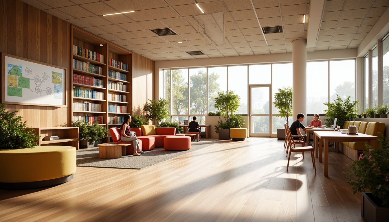 Prompt: Inspiring educational setting, natural wood flooring, minimalist decor, abundant sunlight, floor-to-ceiling windows, ergonomic chairs, collaborative workstations, interactive whiteboards, colorful bookshelves, comfortable reading nooks, warm ambient lighting, 1/1 composition, shallow depth of field, soft focus background, realistic textures, subtle shadows.