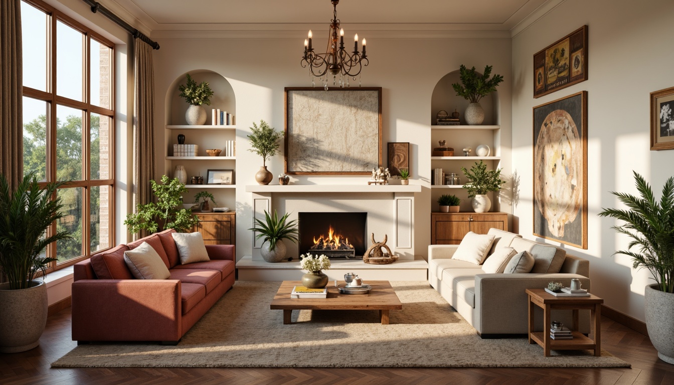 Prompt: Cozy living room, plush sofas, velvet armchairs, warm wooden floors, soft cushions, crackling fireplace, elegant chandeliers, cream-colored walls, modern minimalist decor, large windows, natural light, blooming plants, artistic paintings, rustic wooden tables, comfortable reading nooks, warm ambient lighting, shallow depth of field, 1/1 composition, realistic textures, ambient occlusion.