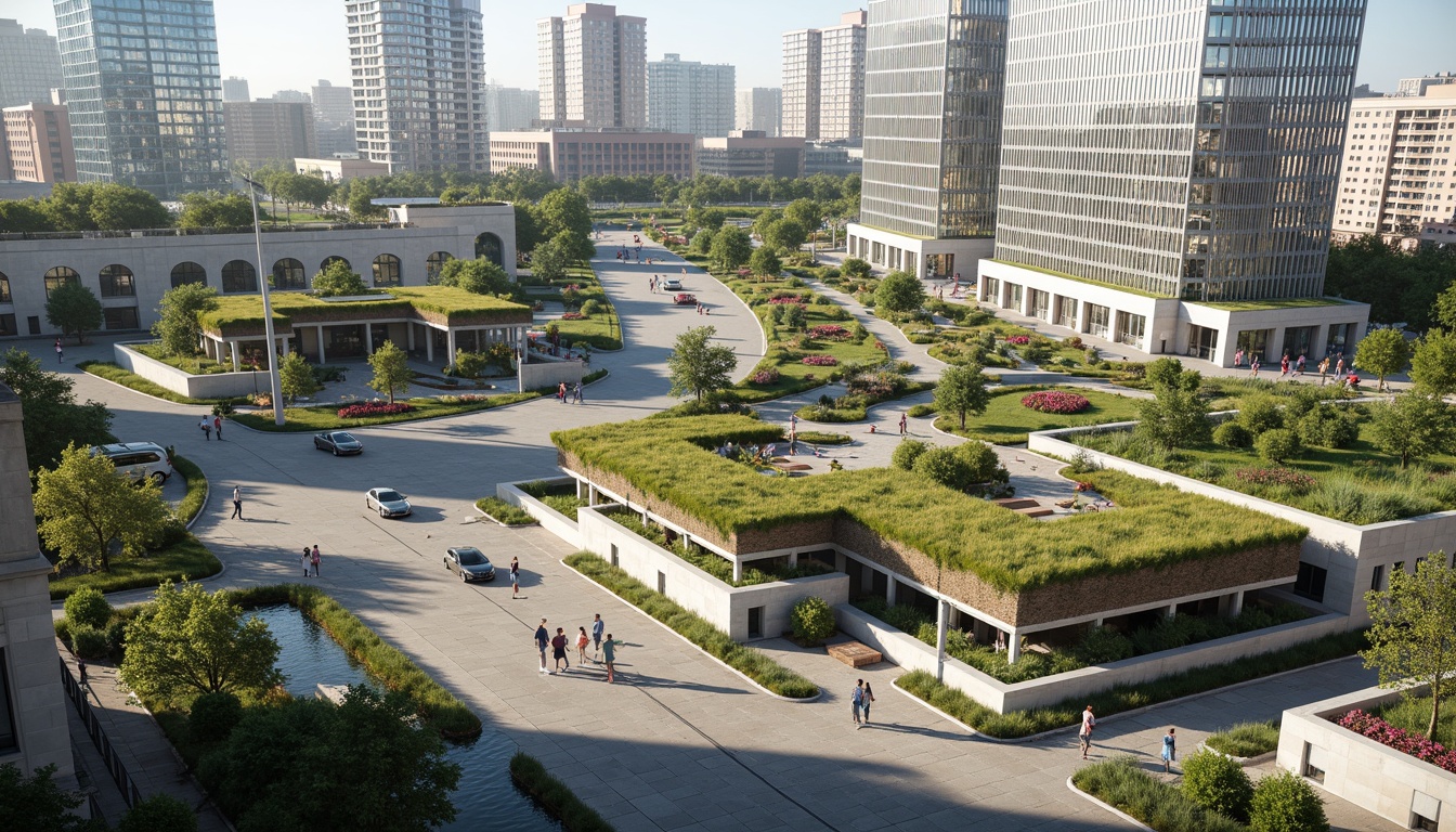 Prompt: Vibrant green roofs, lush vegetation, natural stone walls, modern transportation hubs, sleek metal structures, glass facades, bustling pedestrian areas, dynamic urban landscapes, integrated public art installations, efficient traffic flow systems, eco-friendly parking facilities, renewable energy sources, minimalist landscaping, shallow water features, soft warm lighting, 1/1 composition, realistic textures, ambient occlusion, urban connectivity, smart city infrastructure.