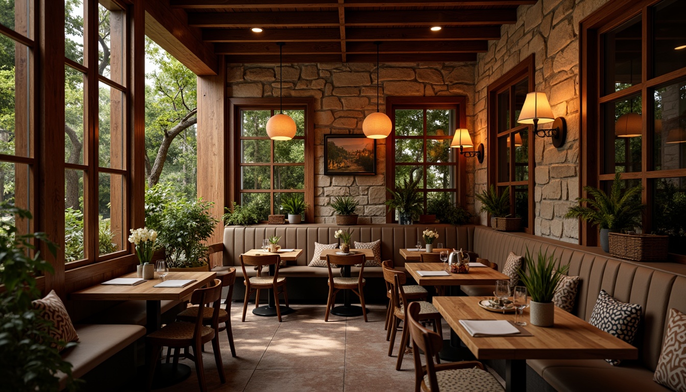 Prompt: Cozy dining area, warm wooden accents, rustic stone walls, vintage decorative items, rich cultural heritage, traditional regional patterns, earthy color palette, soft warm lighting, shallow depth of field, 3/4 composition, intimate atmosphere, authentic local cuisine, aromatic food scents, nostalgic ambiance, classic architectural details, ornate metalwork, plush upholstery, ambient sounds, relaxed seating areas, lush greenery, natural materials, organic textures.