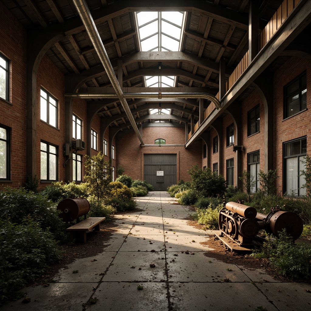 Prompt: Rustic industrial landscape, abandoned factories, crumbling brick walls, overgrown vegetation, metallic pipes, worn concrete floors, exposed ductwork, vintage machinery, distressed wood textures, moody atmospheric lighting, warm golden tones, shallow depth of field, 2/3 composition, symmetrical framing, dramatic shadows, realistic rust effects, ambient occlusion.