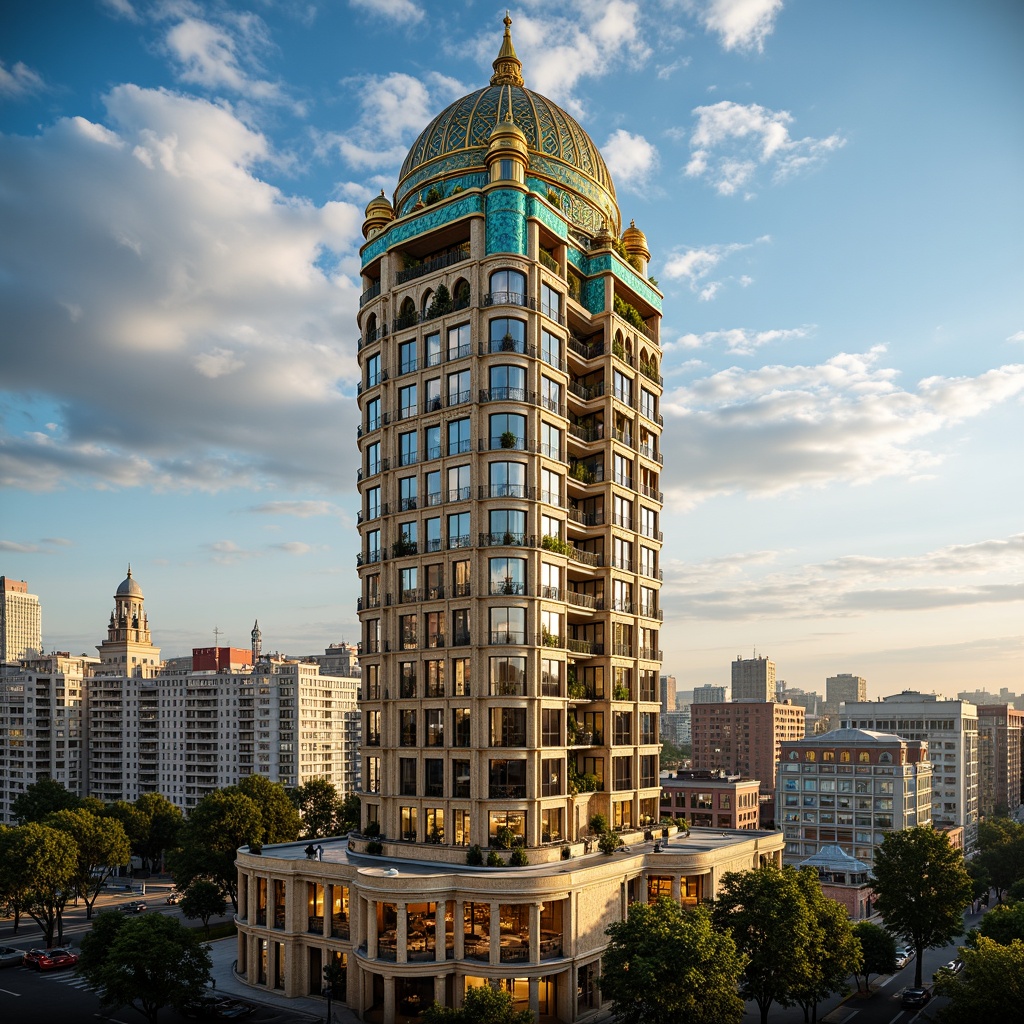 Prompt: Ornate Byzantine skyscraper, golden domes, intricate mosaics, ornamental arches, grandiose columns, ornate balconies, luxurious marble facades, lavish bronze details, vibrant turquoise accents, majestic cityscape, clear blue sky, dramatic cloud formations, warm golden lighting, shallow depth of field, 1/1 composition, realistic textures, ambient occlusion.