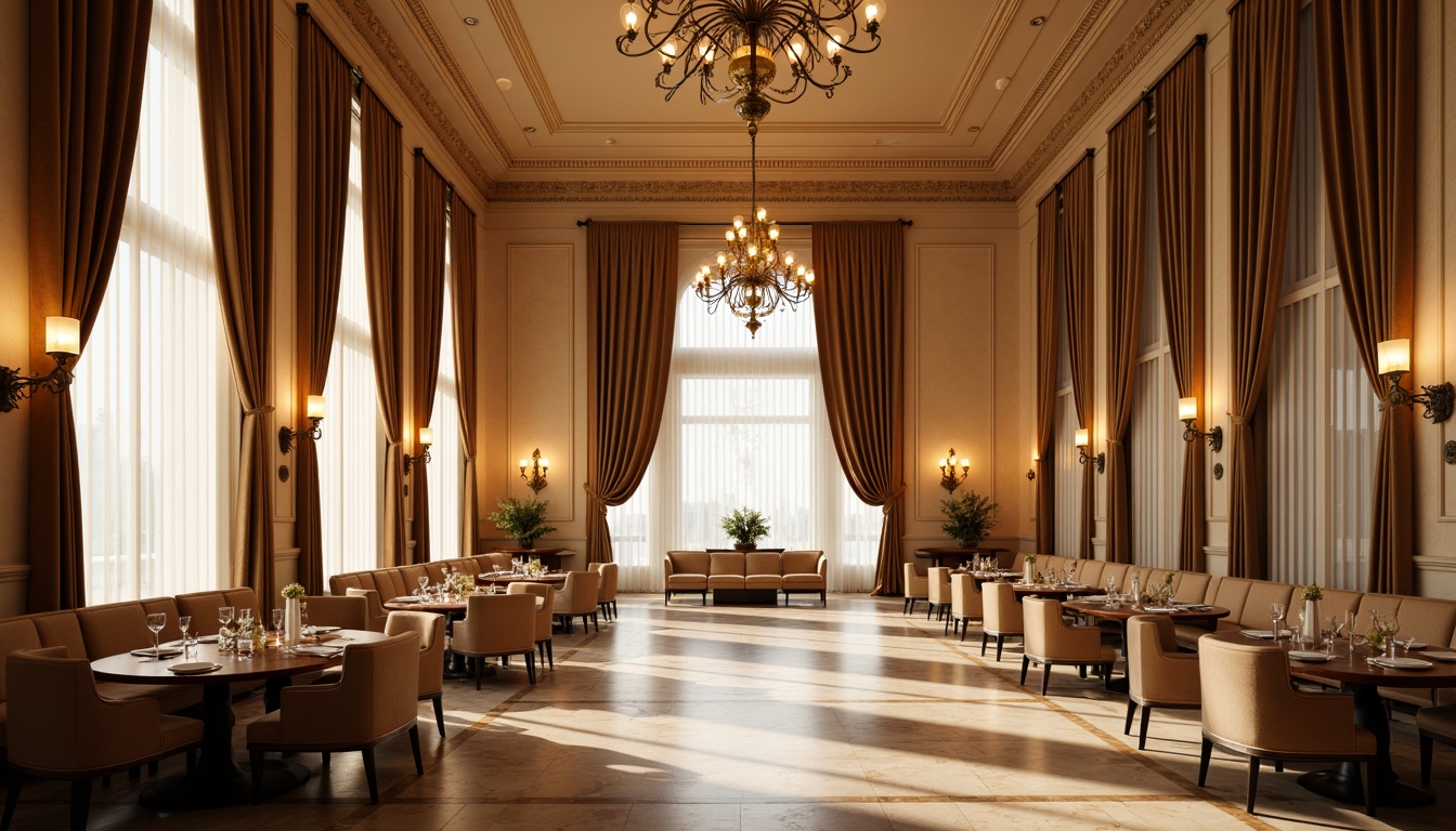 Prompt: Elegant dining hall, refined wooden furniture, soft golden lighting, warm beige walls, marble floors, ornate chandeliers, luxurious velvet curtains, symmetrical composition, shallow depth of field, 3/4 perspective, grand high ceiling, spacious open layout, natural stone accents, rich wood tones, sophisticated ambiance, afternoon warm glow, subtle shadows, realistic reflections, ambient occlusion.