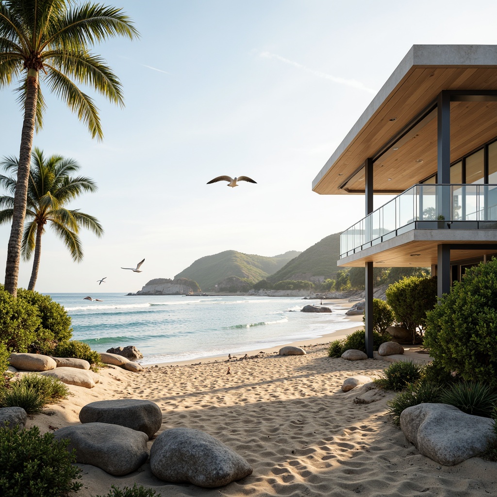 Prompt: Warm sandy beach, ocean waves, seagulls flying overhead, tropical palm trees, natural wood accents, large overhangs, shading devices, cantilevered roofs, glass railings, minimalist design, coastal modern architecture, soft warm lighting, subtle shadows, atmospheric perspective, 1/2 composition, realistic textures, ambient occlusion, light filtering techniques, sun screen louvers, solar shading systems, wind-resistant structures, corrosion-resistant materials, ocean-inspired color palette.