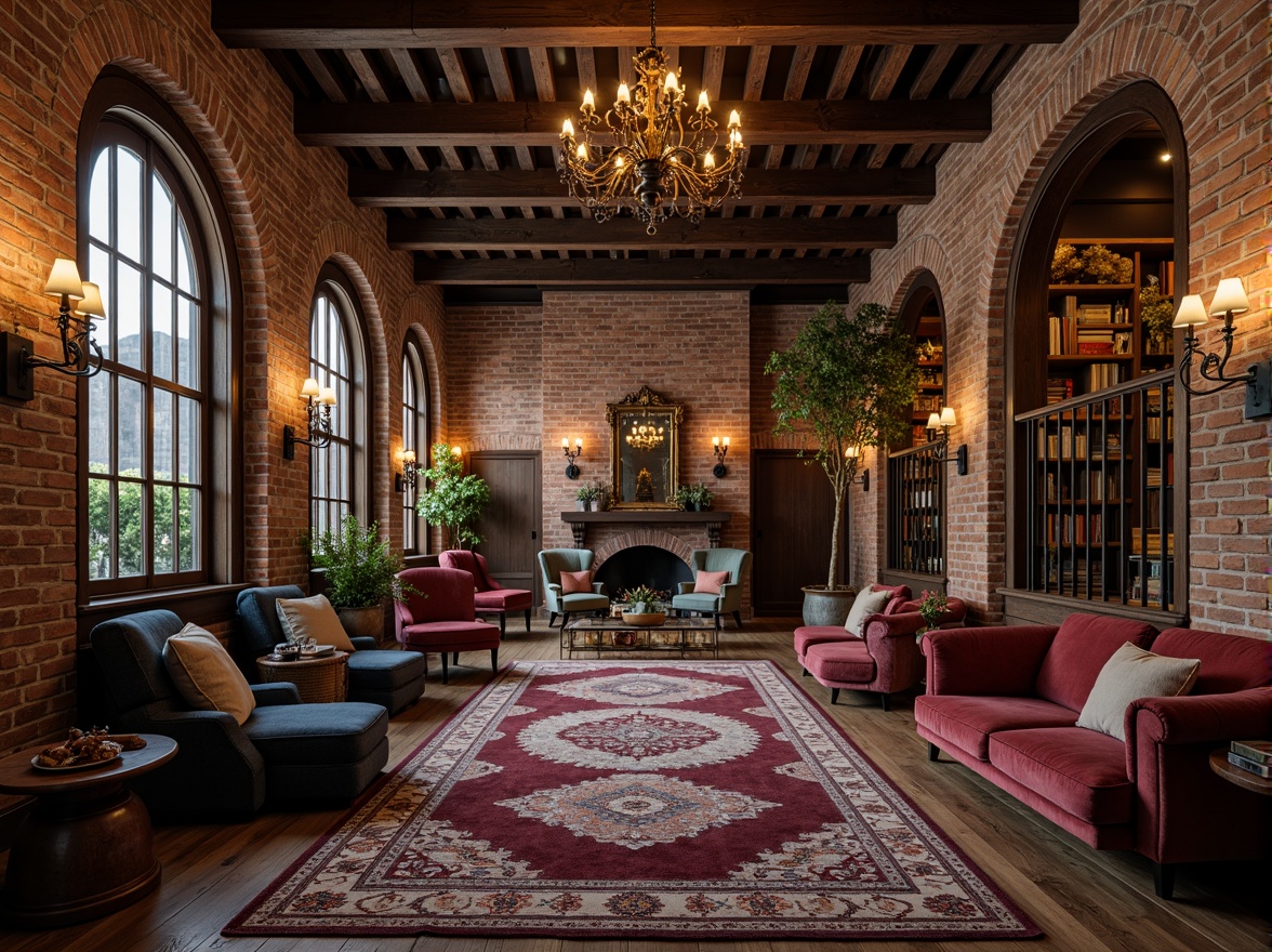 Prompt: Exposed brick walls, high ceilings, wooden beams, industrial chic decor, rustic metal accents, reclaimed wood furniture, plush velvet sofas, ornate stone fireplaces, grand chandeliers, Gothic-inspired archways, dramatic staircases, richly patterned rugs, warm earthy tones, soft ambient lighting, atmospheric shadows, 3/4 composition, intimate seating areas, cozy reading nooks, eclectic art pieces, vintage decorative items.