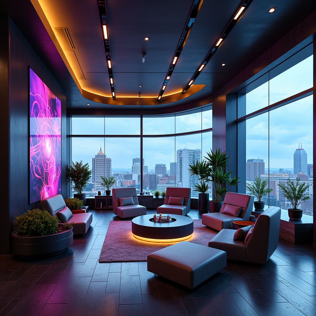 Prompt: Futuristic interior, sleek metallic surfaces, neon-lit accents, holographic displays, minimalist furniture, curved lines, avant-garde decor, iridescent colors, ambient lighting, virtual reality zones, futuristic gadgets, space-age materials, high-tech appliances, panoramic city views, rooftop gardens, cyberpunk vibes, 3D-printed decorations, LED strip lighting, atmospheric misting systems, retro-futuristic patterns, bold color blocking, innovative storage solutions.