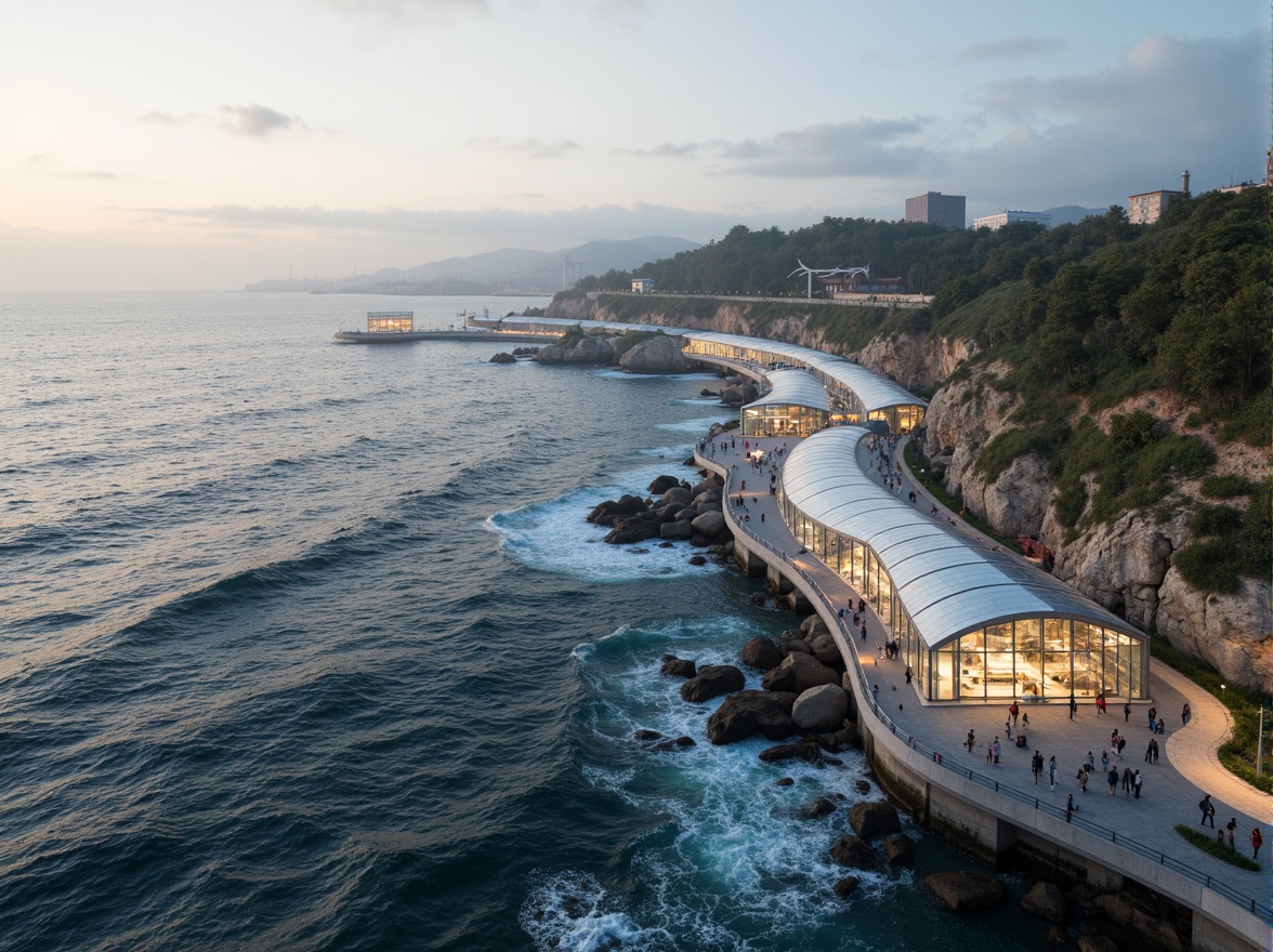 Prompt: Curved coastal bridge, undulating waves, oceanic surroundings, salty sea air, modern blobitecture design, futuristic structures, iridescent materials, translucent membranes, glowing LED lights, wavy pedestrian paths, stainless steel railings, glass floors, ocean-inspired patterns, marine life motifs, sustainable energy harvesting systems, wind turbines, solar panels, tidal power generators, misty morning atmosphere, soft warm lighting, shallow depth of field, 1/1 composition, panoramic view, realistic textures, ambient occlusion.