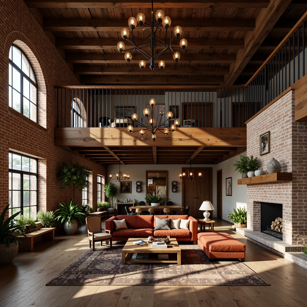 Prompt: Exposed brick walls, wooden beam ceilings, ornate ironwork, grand arched windows, rustic stone floors, cozy fireplaces, plush velvet sofas, rich wood accents, luxurious chandeliers, open-plan living areas, mezzanine levels, industrial-chic lighting fixtures, distressed leather armchairs, vintage decorative accessories, soft warm color palette, dramatic high ceilings, minimalist decor, modern amenities, eclectic artwork, natural textiles, organic shapes, atmospheric shadows, warm golden lighting, 1/2 composition, intimate atmosphere.