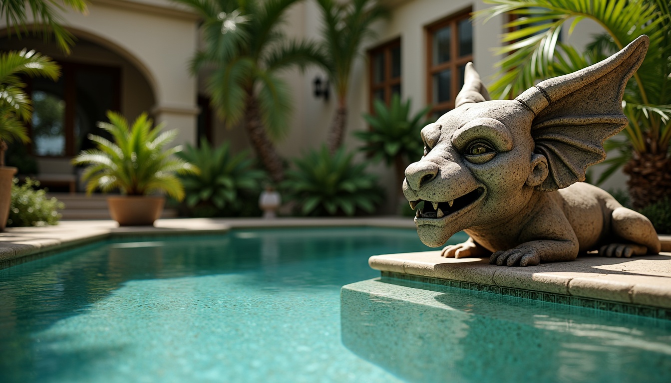 Prompt: Weathered stone gargoyles, mystical creatures, swimming pool surroundings, lush greenery, tropical plants, warm sunny day, turquoise water, gentle ripples, ornate details, gothic architecture inspiration, eerie ambiance, subtle misting, shallow depth of field, 1/2 composition, natural textures, soft warm lighting.