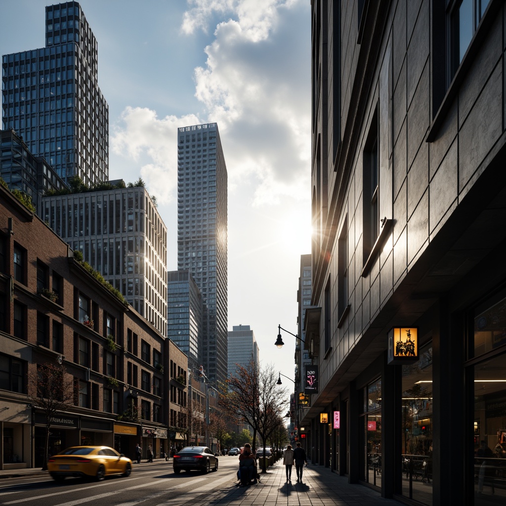 Prompt: 1 aspect ratio, shallow depth of field, lens flares, sunbeams, cloud-filtered daylight, LED light installations, neon signs, reflective glass surfaces, metallic accents, urban atmosphere, busy streets, evening ambiance.