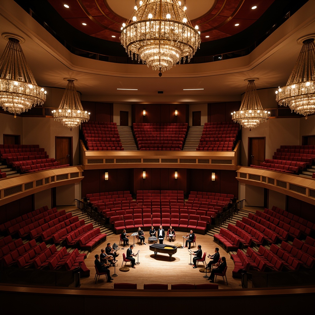 Prompt: Luxurious concert hall, elegant chandeliers, plush velvet seats, wooden flooring, acoustic panels, sound-absorbing materials, curved architecture, diffused lighting, warm color scheme, optimal speaker placement, immersive audio experience, precise sound calibration, clear high-frequency response, rich low-end resonance, minimal echo and reverberation, intimate performance space, grand piano, string instruments, vocal performances, dramatic spotlights, 3/4 composition, shallow depth of field, realistic textures.