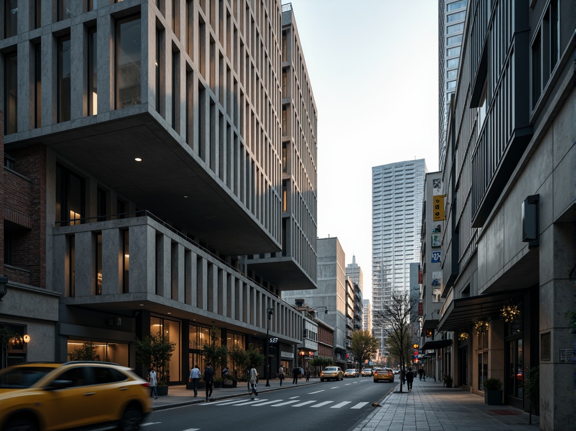 Prompt: Granite facades, brutalist architecture, geometric shapes, repetitive patterns, raw concrete textures, angular lines, monumental columns, cantilevered structures, asymmetrical compositions, dramatic lighting effects, high-contrast shadows, urban cityscape, busy streets, modern skyscrapers, glass towers, steel beams, industrial materials, functionalism aesthetics, 1/1 composition, low-angle shot, cinematic atmosphere, moody color palette.