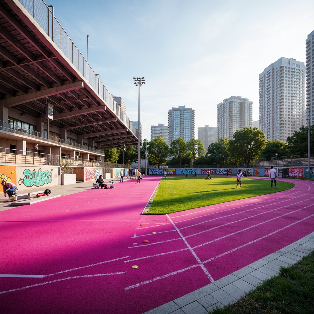 Prompt: Vibrant fuchsia athletic tracks, urban sports stadium, sleek modern architecture, steel bleachers, grassy fields, cityscape backdrop, afternoon sun, soft warm lighting, shallow depth of field, 3/4 composition, dynamic diagonal lines, realistic textures, ambient occlusion, athletic equipment, hurdles, sprint tracks, soccer goals, basketball hoops, tennis courts, urban graffiti, trendy street art, edgy concrete walls, metallic fences.