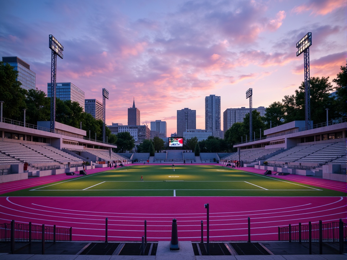 Prompt: Vibrant fuchsia accents, urban sports stadium, artificial turf, sleek track lanes, modern floodlights, metallic goalposts, sturdy chain-link fences, concrete bleachers, cityscape backdrop, evening sunset glow, warm ambient lighting, shallow depth of field, 1/1 composition, realistic textures, ambient occlusion.