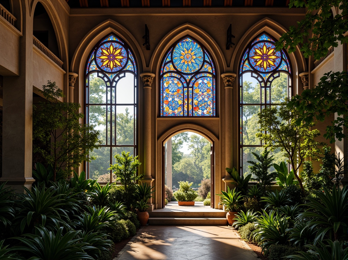 Prompt: Intricate stained glass windows, lush greenery, tropical plants, Gothic arches, ribbed vaults, flying buttresses, ornate stone carvings, grandiose entranceways, vibrant colored glass, kaleidoscope patterns, delicate floral motifs, natural light filtering, soft warm ambiance, mystical atmosphere, 1/1 composition, symmetrical framing, high-angle shot, dramatic lighting, ambient occlusion.