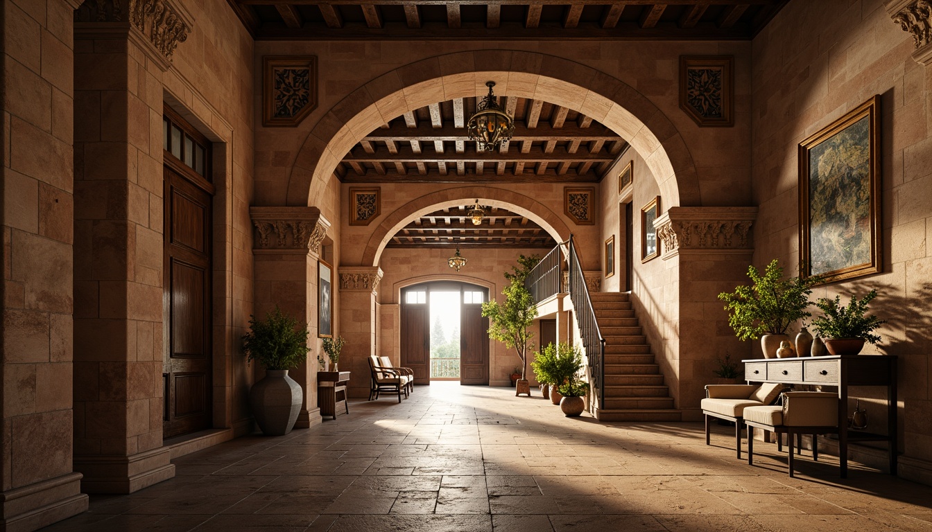 Prompt: Vaulted archways, rustic stone walls, ornate carvings, grand entrance halls, sweeping staircases, loft apartments, exposed brick ceilings, wooden beam accents, Romanesque columns, rounded doorways, warm golden lighting, soft shadows, 1/2 composition, atmospheric perspective, rich textures, subtle color grading.