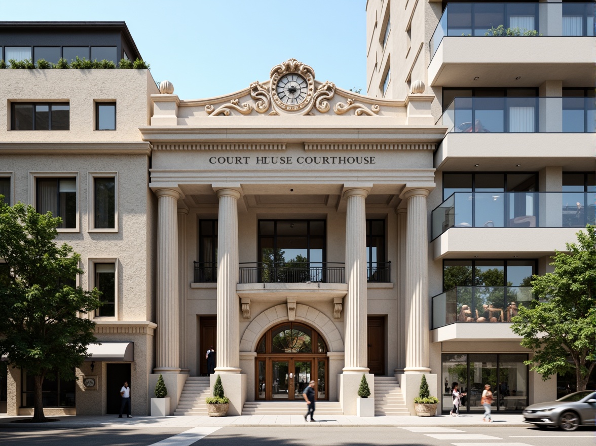 Prompt: Grand courthouse entrance, neoclassical columns, ornate stone carvings, symmetrical facade composition, imposing clock tower, grand staircase, sleek modernist lines, minimalist ornamentation, neutral color palette, limestone walls, large windows, bronze doors, cantilevered upper floors, abstract sculptures, urban cityscape, busy streets, morning sunlight, soft shadows, 1/2 composition, realistic materials, subtle ambient occlusion.