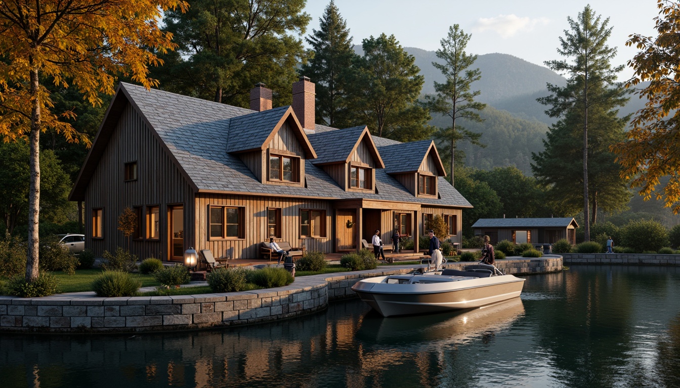 Prompt: Rustic wooden boathouse, academic architectural style, steeply pitched roofs, dormer windows, vertical boards, weathered wood textures, serene lake surroundings, calm water reflections, lush greenery, mature trees, natural stone foundations, brick chimneys, copper accents, lantern-style lighting, warm golden lighting, shallow depth of field, 2/3 composition, atmospheric perspective, realistic wood grain, subtle ambient occlusion.