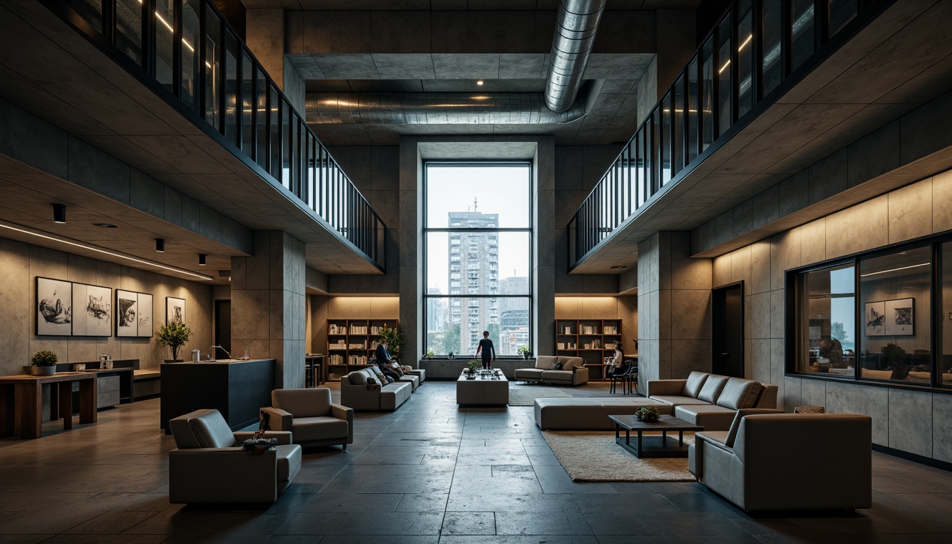 Prompt: Industrial bank interior, brutalist architecture, concrete textures, metallic accents, minimalist decor, functional lighting, exposed ductwork, urban cityscape, overcast day, moody ambient lighting, high contrast ratio, 2/3 composition, cinematic view, realistic materials, subtle grain texture.Please let me know if this meets your requirements or if you need further adjustments!