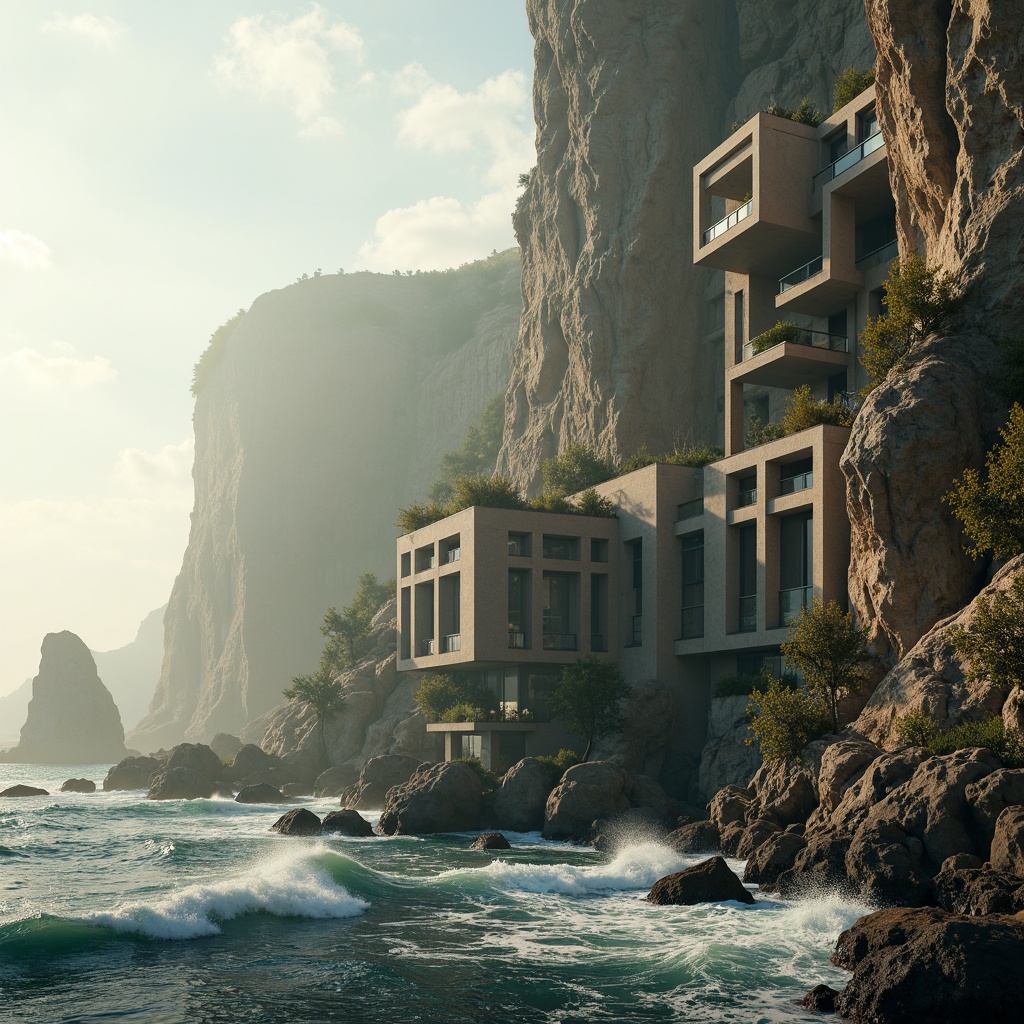 Prompt: Massive monolithic structures, rugged coastal cliffs, crashing ocean waves, salty sea air, weathered concrete textures, brutalist architecture, fortress-like buildings, cantilevered overhangs, dramatic staircases, panoramic ocean views, misty mornings, warm golden lighting, low-angle shots, 1/2 composition, cinematic atmosphere, realistic water simulations, subtle ambient sounds.