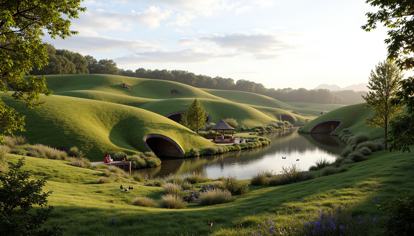 Prompt: Rolling hills, lush green meadows, serene water features, organic architecture, curved lines, natural materials, reclaimed wood, living roofs, green walls, native plants, wildflowers, butterflies, gentle breeze, warm sunlight, soft focus, shallow depth of field, 2/3 composition, intimate scale, cozy atmosphere, earthy tones, rustic textures, subtle shadows.