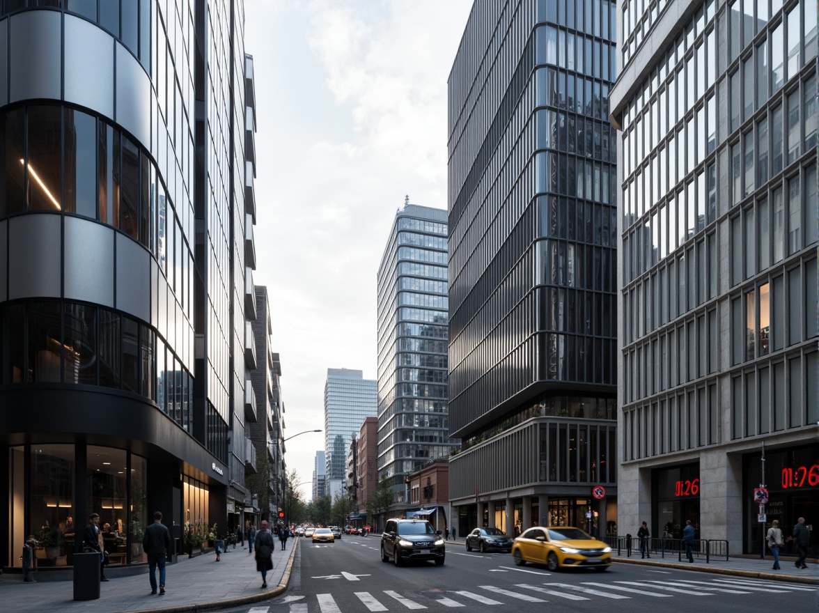 Prompt: Sleek Moderne buildings, curved lines, metallic materials, polished chrome accents, glossy black glass, smooth concrete walls, minimalist ornamentation, futuristic aesthetic, urban cityscape, cloudy grey sky, soft natural light, shallow depth of field, 1/1 composition, realistic reflections, ambient occlusion.