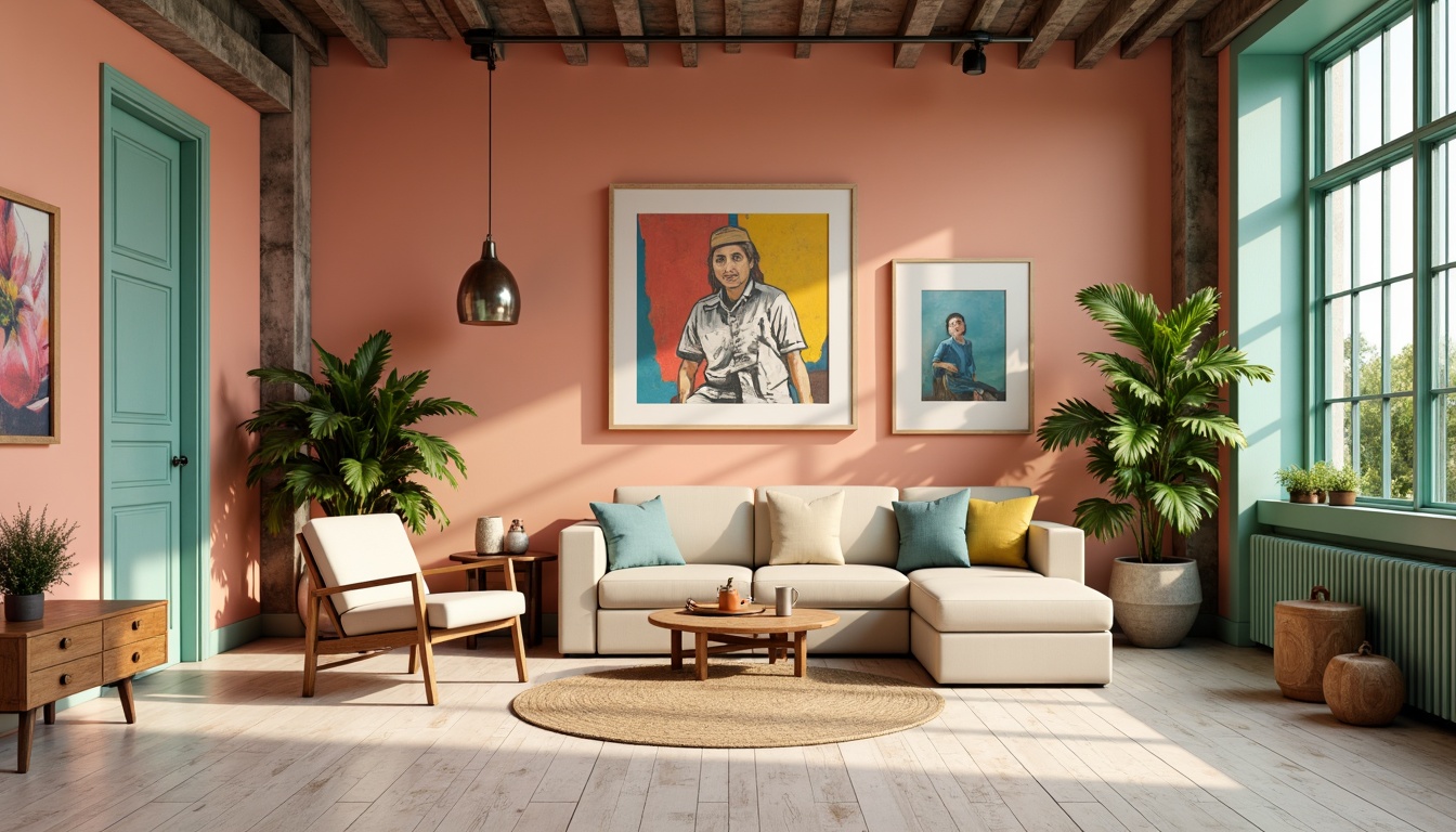 Prompt: Vibrant artistic studio, eclectic furniture pieces, abstract artwork, pastel color scheme, soft peach walls, rich turquoise accents, creamy white floors, natural wood textures, industrial metal lighting, moody atmospheric shadows, 1/1 composition, dramatic contrast, warm golden hour, cinematic depth of field, realistic material rendering.