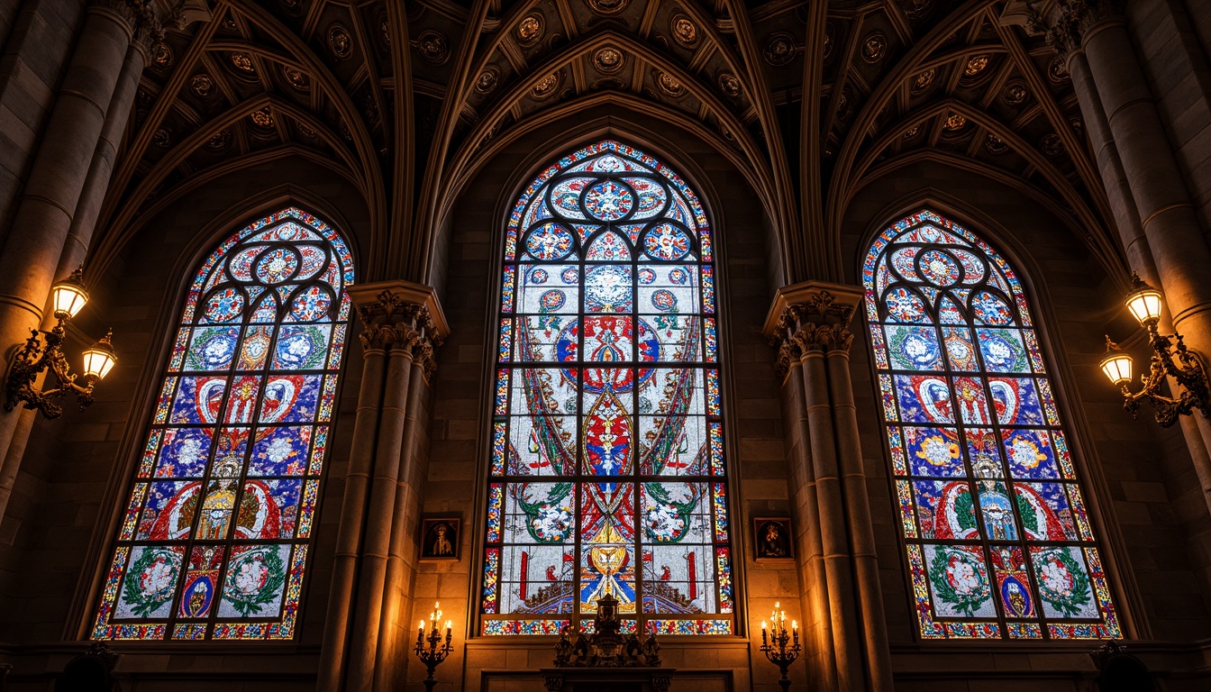 Prompt: Vibrant stained glass windows, kaleidoscope colors, ornate details, gothic arches, grand cathedral ceilings, intricate patterns, luminous textures, warm soft lighting, dramatic shadows, 3/4 composition, symmetrical framing, majestic architectural styles, ancient cultural influences, spiritual ambiance, serene atmosphere, natural light filtering, delicate craftsmanship, fragile beauty.