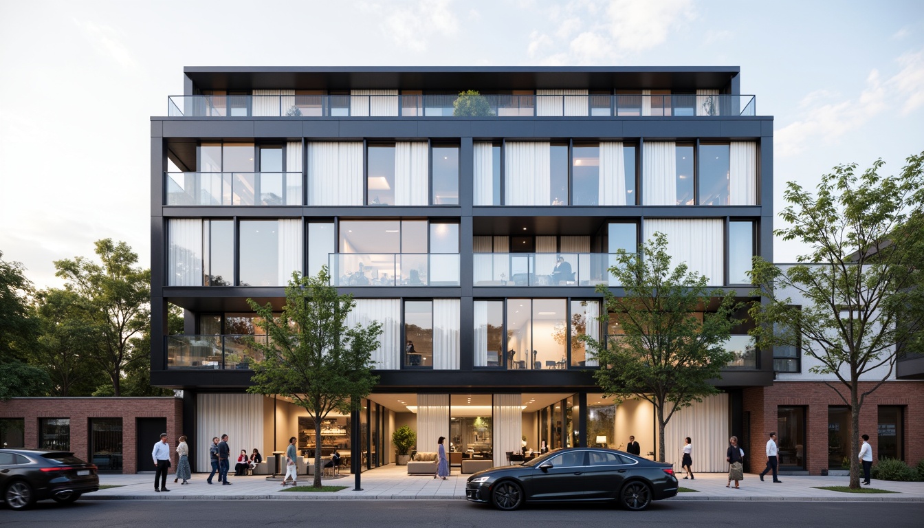 Prompt: Contemporary residential building, sleek glass fa\u00e7ade, minimalist aesthetic, clean lines, rectangular forms, neutral color palette, large windows, sliding doors, balconies with metal railings, urban cityscape, busy street scene, morning sunlight, soft natural lighting, shallow depth of field, 1/2 composition, realistic materials, ambient occlusion.