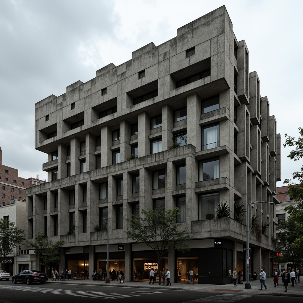 Prompt: Rugged brutalist facade, raw concrete textures, fortress-like structures, dramatic cantilevers, geometric patterns, bold angular lines, industrial materials, exposed ductwork, urban cityscape, overcast sky, heavy shadows, low-key lighting, 1/1 composition, high-contrast ratio, gritty realistic rendering.