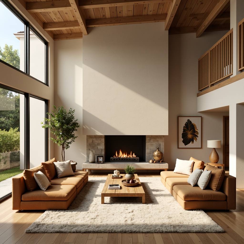 Prompt: Cozy living room, warm beige walls, plush velvet sofas, rustic wooden coffee tables, soft cream-colored rugs, elegant floor lamps, natural stone fireplaces, modern minimalist decor, large windows, abundant sunlight, airy atmosphere, shallow depth of field, 3/4 composition, panoramic view, realistic textures, ambient occlusion.