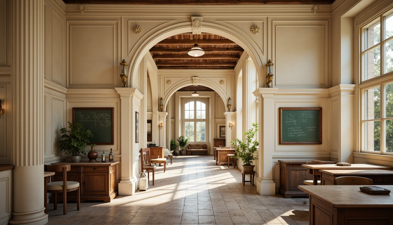 Prompt: Creamy white columns, rich wood tones, soft beige walls, elegant archways, ornate moldings, subtle gold accents, muted earthy colors, vintage chalkboards, wooden desks, classic lanterns, natural stone floors, warm soft lighting, shallow depth of field, 3/4 composition, harmonious color balance, realistic textures, ambient occlusion.